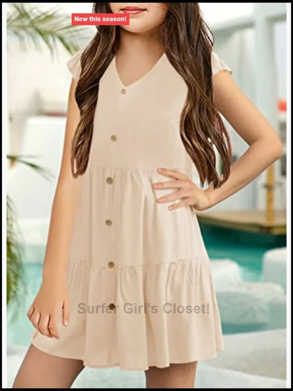 Girls Ruffle Sleeve V-Neck Button Down Tiered Swing A-Line Summer Dress 5-14T